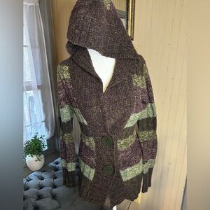 Y2K Chunky Knit Hooded Cardigan Sweater Striped Boho Indie Earth Tone M Lux